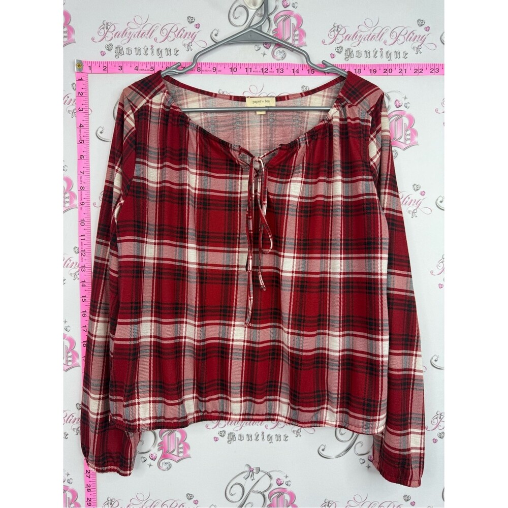paper tee long sleeve plaid shirt Red Plaid Long Sleeve Tie-Neck Top